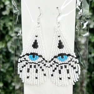 Handmade Fatima Beaded Earrings White Dangle Boho
Ethnic Tribal Evil Eye NWT